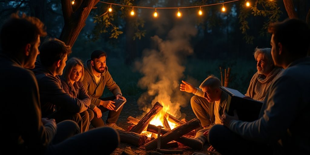 Erzähler am Lagerfeuer mit aufmerksamem Publikum.