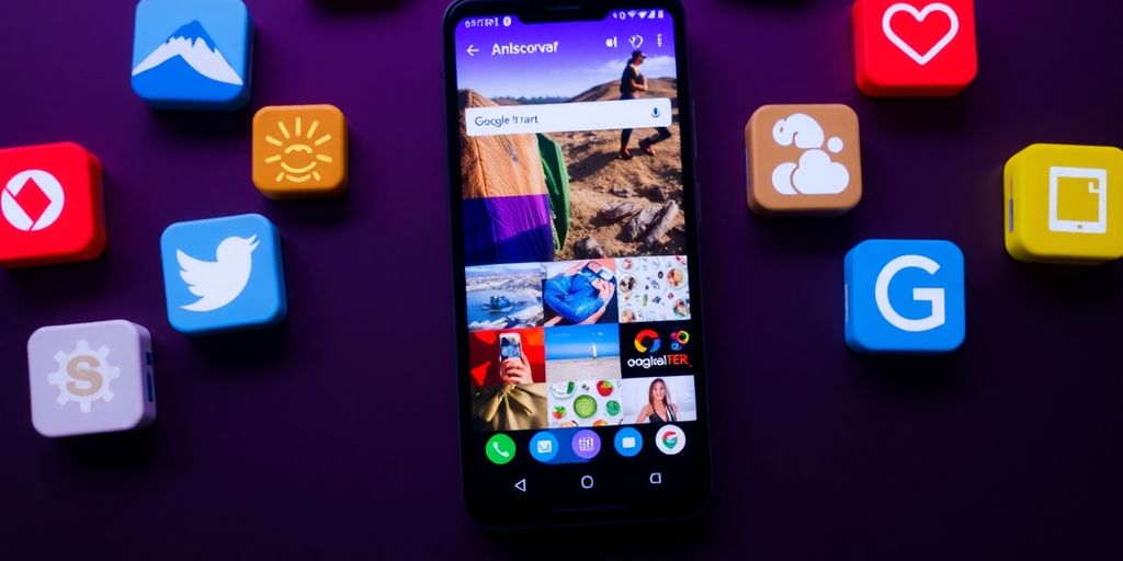 Smartphone mit Google Discover-Inhalt und bunten Icons.