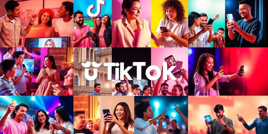 Bunte TikTok-Collage mit kreativen Inhalten und Benutzern.