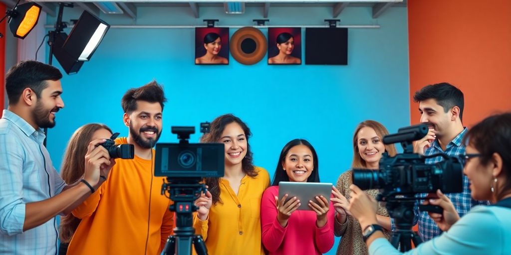 Diverse Gruppe, die Video-Marketing-Taktiken kreativ umsetzt.